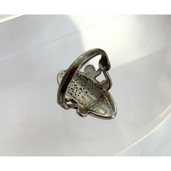 Zuni Sterling Silver Navajo Genuine Turquoise, Onyx & Coral Inlay Oval Ring - 9 - Picture 4 of 10